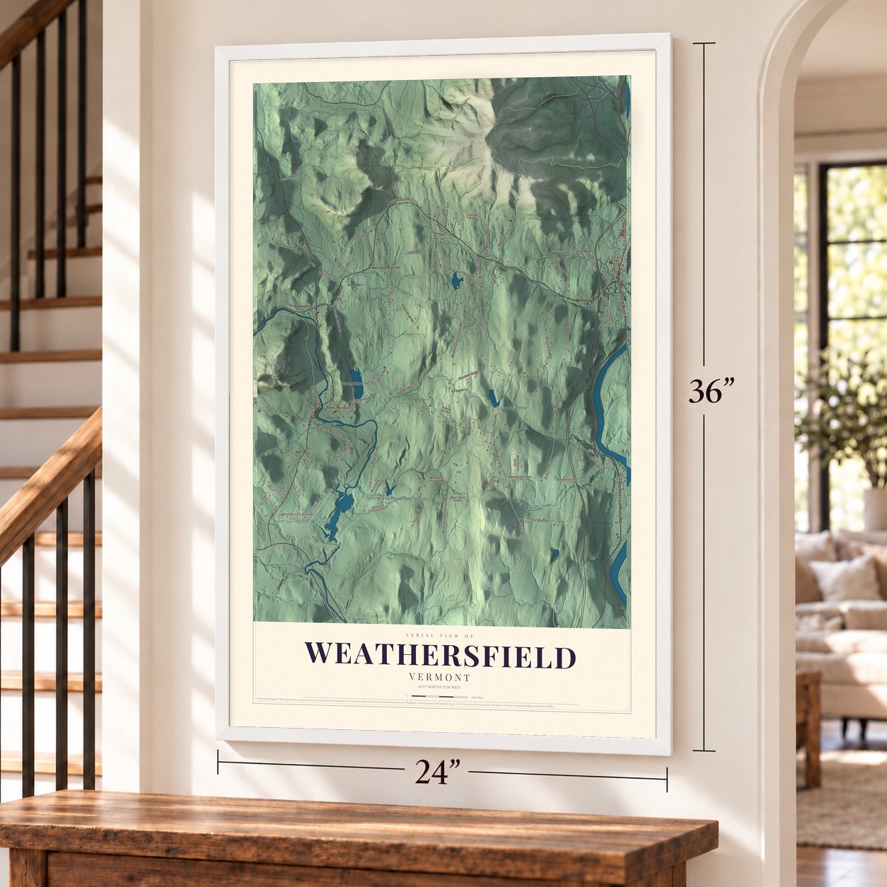Weathersfield, Vermont map, 24 x 36 inch print in a white frame by a staircase