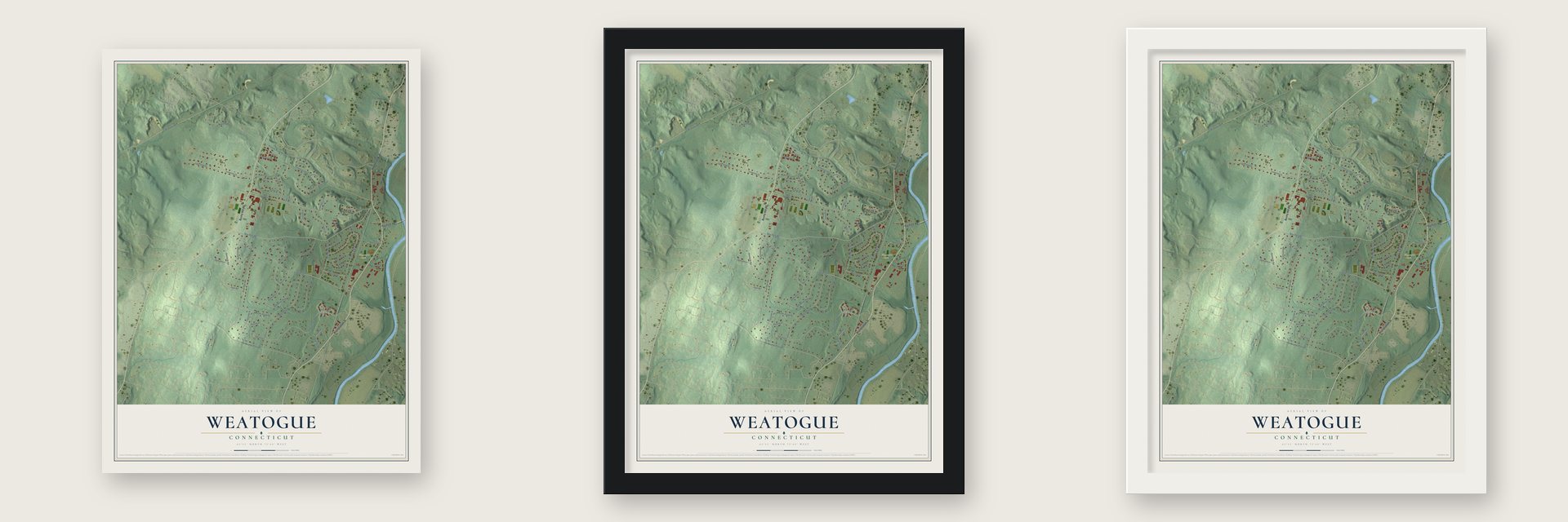 Weatogue, Connecticut map unframed, in a black wood frame and in a white wood frame