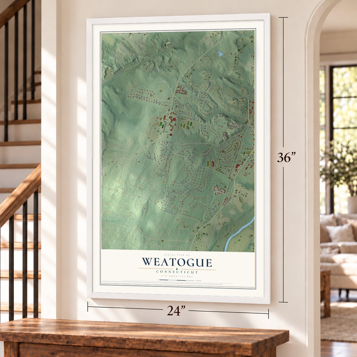 Weatogue, Connecticut map, 24 x 36 inch print in a white frame by a staircase