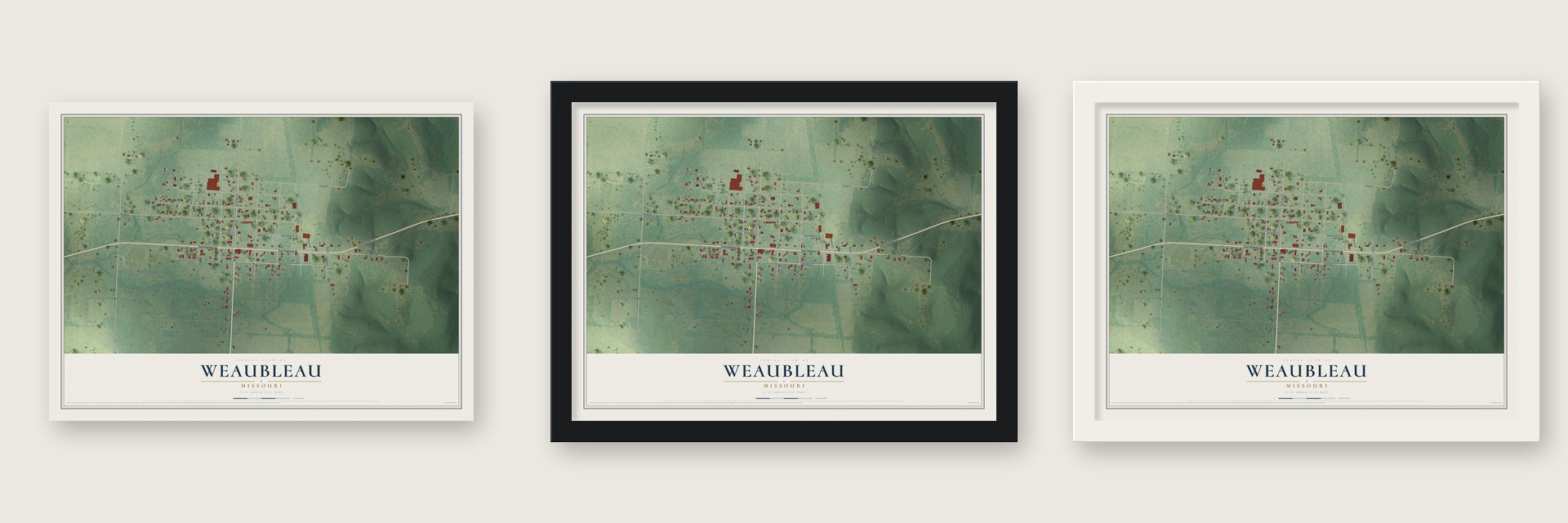 Weaubleau, Missouri map unframed, in a black wood frame and in a white wood frame