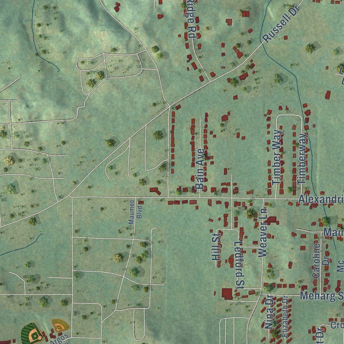 Second close-up of the map of Weaver, Alabama print showing more streets and buildings