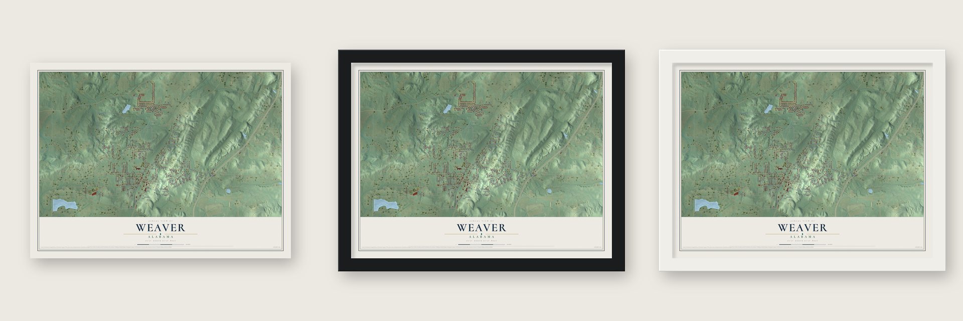 Weaver, Alabama map unframed, in a black wood frame and in a white wood frame