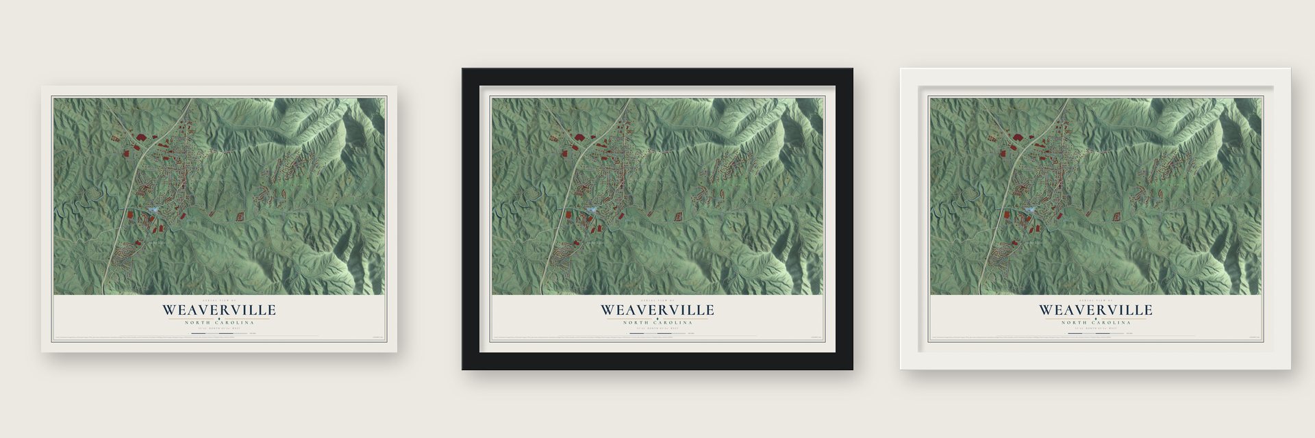 Weaverville, North Carolina map unframed, in a black wood frame and in a white wood frame