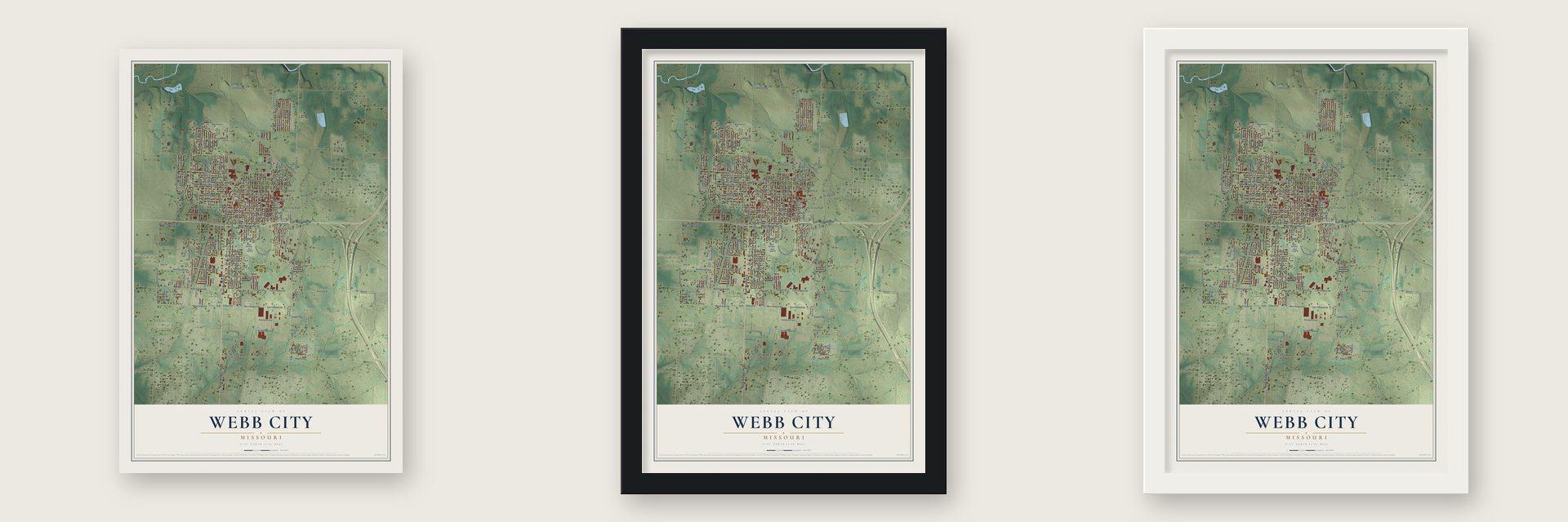Webb City, Missouri map unframed, in a black wood frame and in a white wood frame