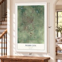 Webb City, Missouri map, 24 x 36 inch print in a white frame by a staircase