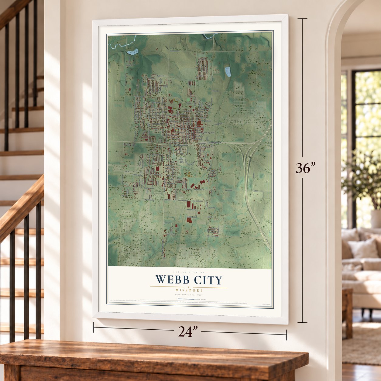 Webb City, Missouri map, 24 x 36 inch print in a white frame by a staircase