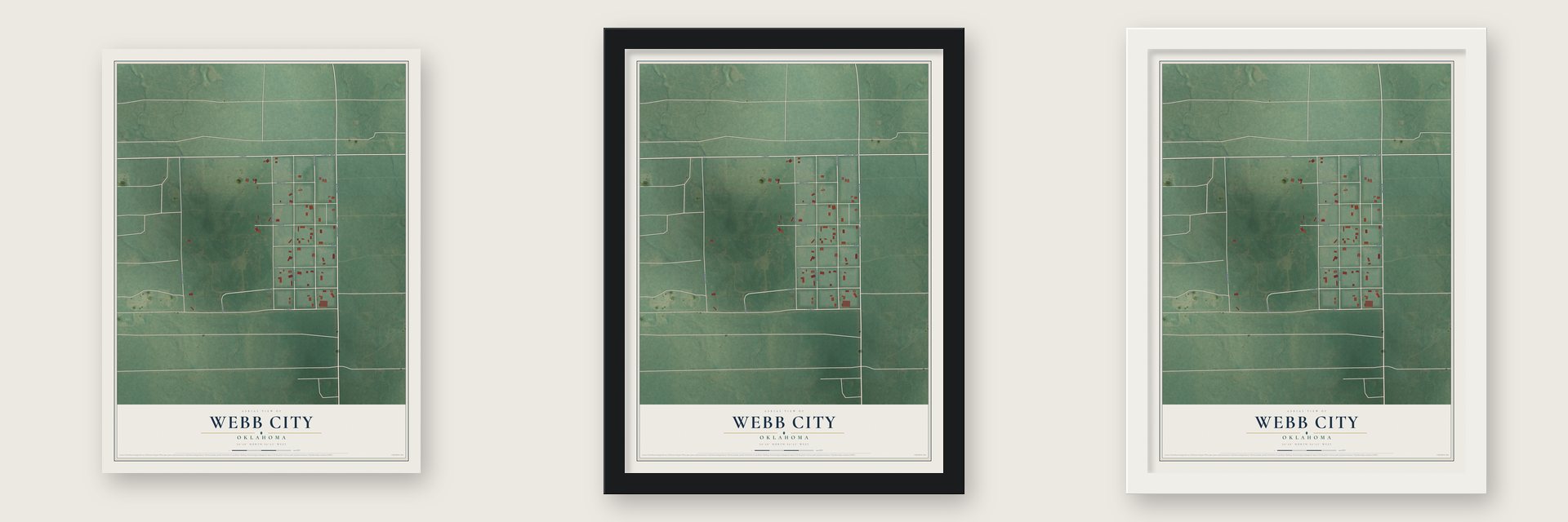 Webb City, Oklahoma map unframed, in a black wood frame and in a white wood frame