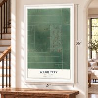 Webb City, Oklahoma map, 24 x 36 inch print in a white frame by a staircase