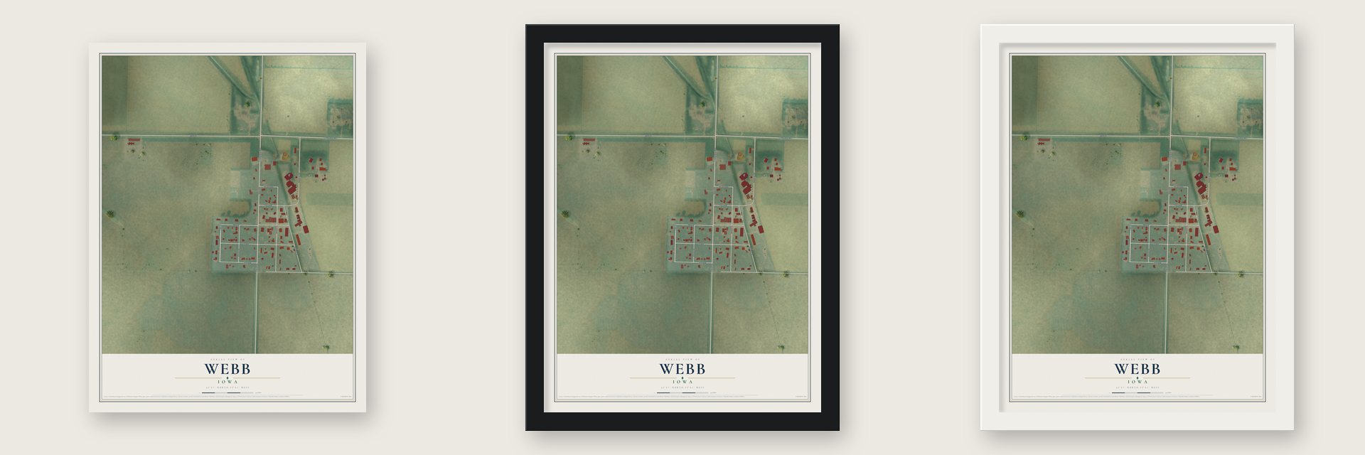Webb, Iowa map unframed, in a black wood frame and in a white wood frame