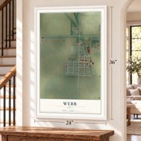 Webb, Iowa map, 24 x 36 inch print in a white frame by a staircase