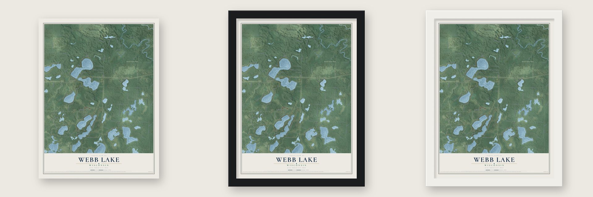 Webb Lake, Wisconsin map unframed, in a black wood frame and in a white wood frame