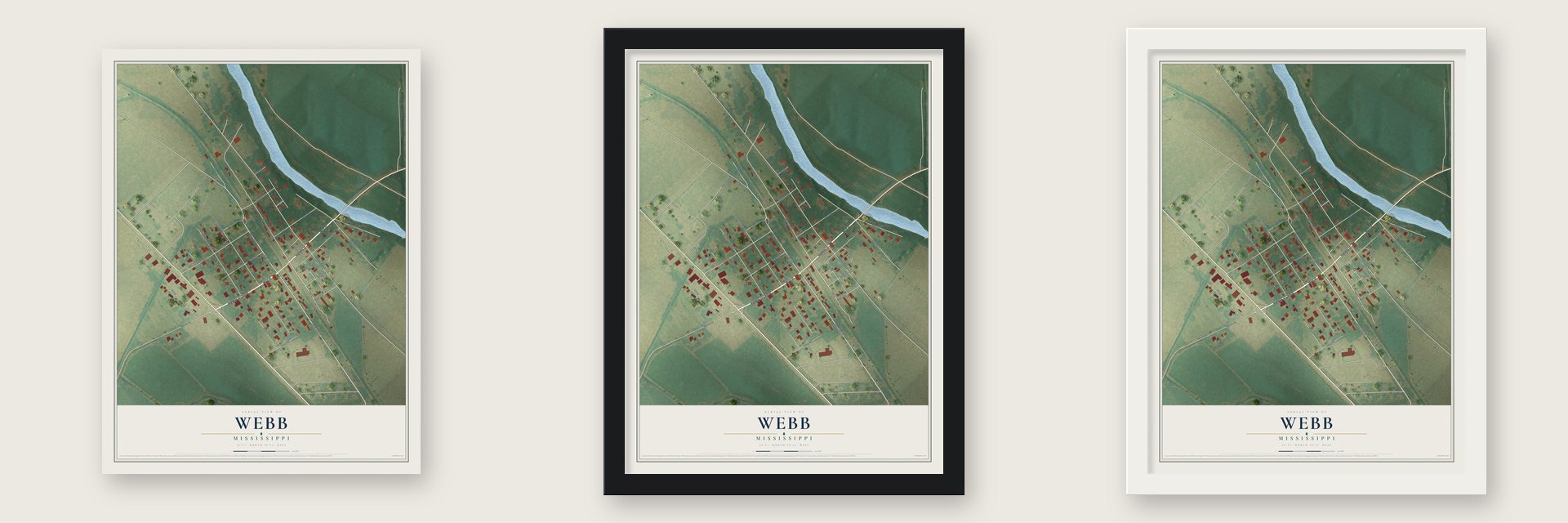 Webb, Mississippi map unframed, in a black wood frame and in a white wood frame