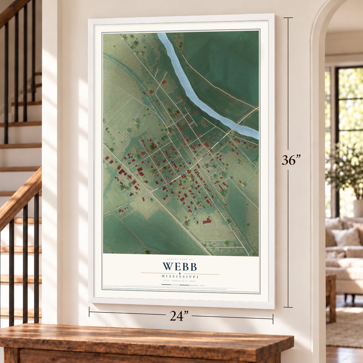 Webb, Mississippi map, 24 x 36 inch print in a white frame by a staircase