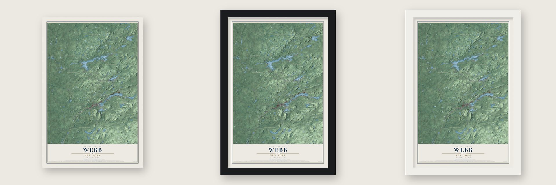 Webb, New York map unframed, in a black wood frame and in a white wood frame