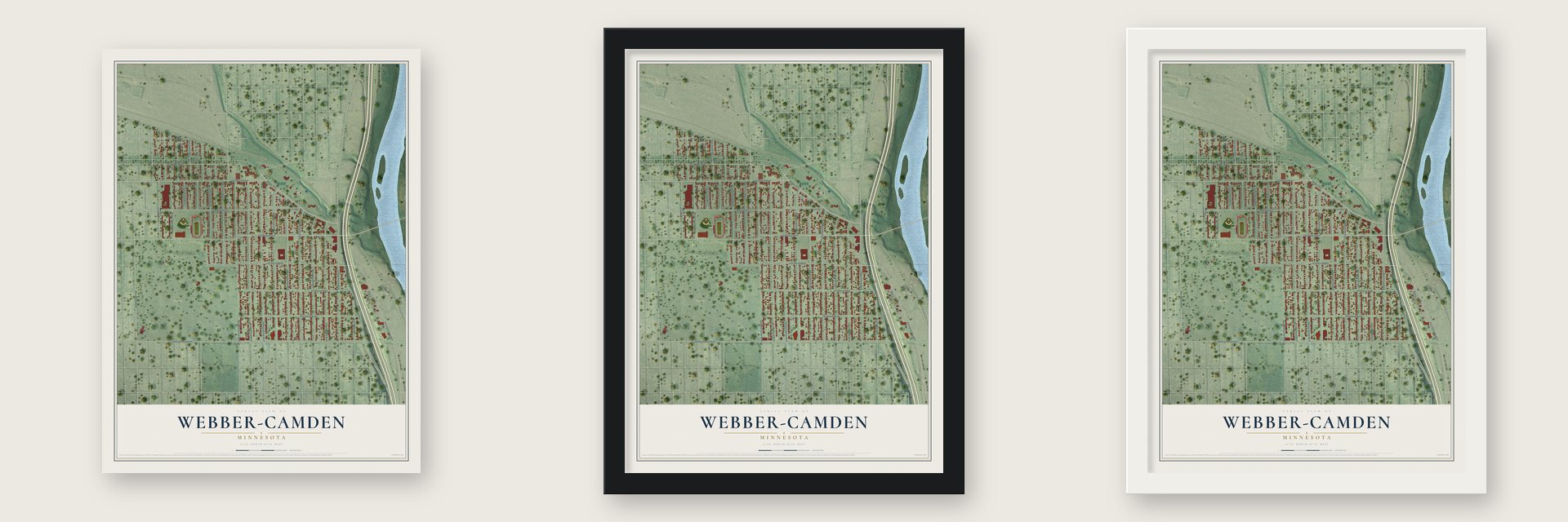 Webber-Camden, Minnesota map unframed, in a black wood frame and in a white wood frame