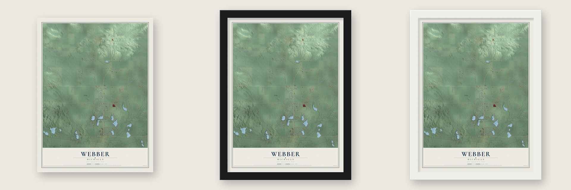 Webber, Michigan map unframed, in a black wood frame and in a white wood frame