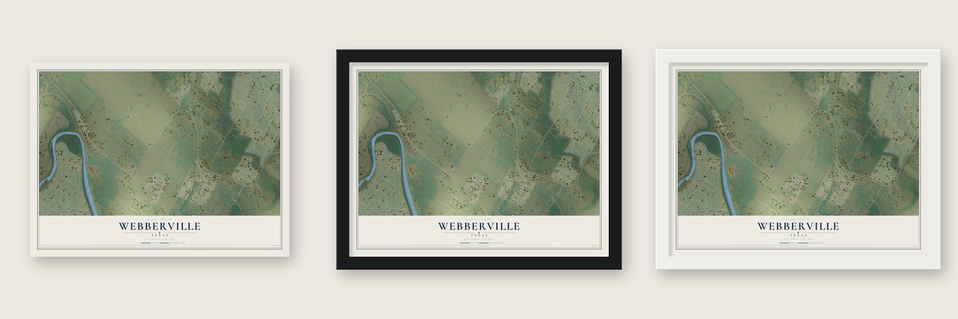 Webberville, Texas map unframed, in a black wood frame and in a white wood frame