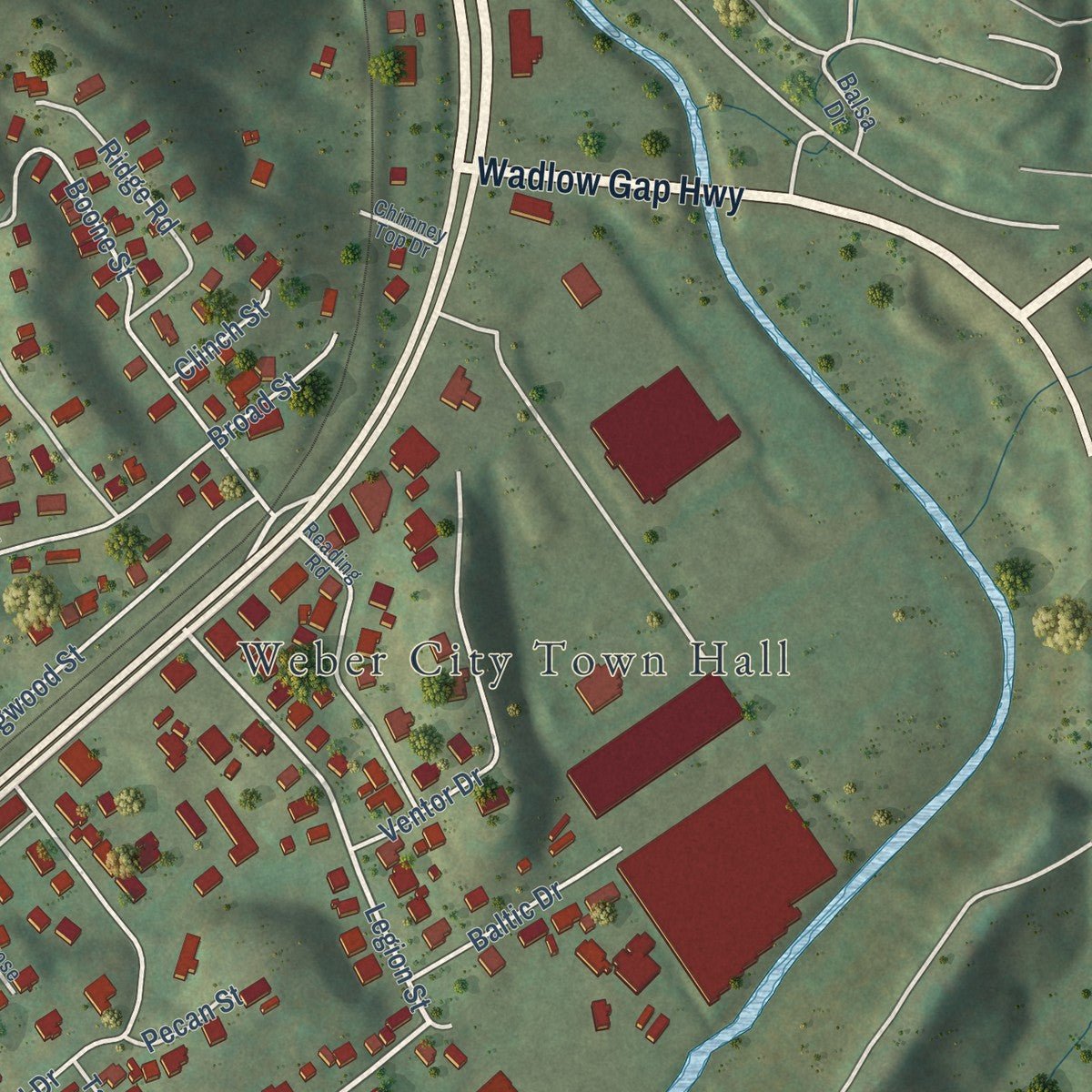 Second close-up of the map of Weber City, Virginia print showing more streets and buildings