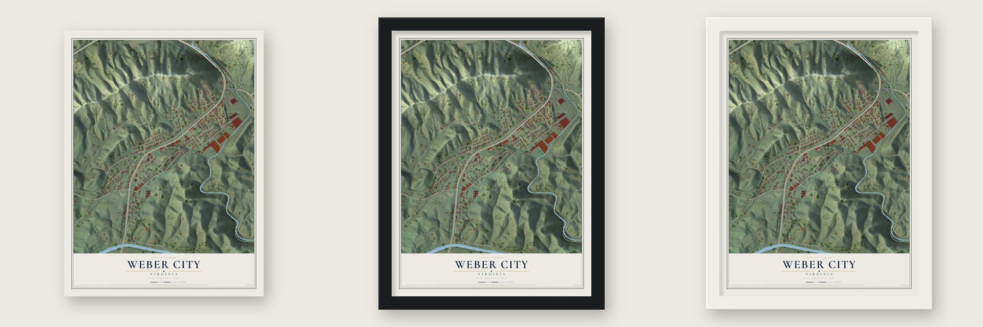 Weber City, Virginia map unframed, in a black wood frame and in a white wood frame