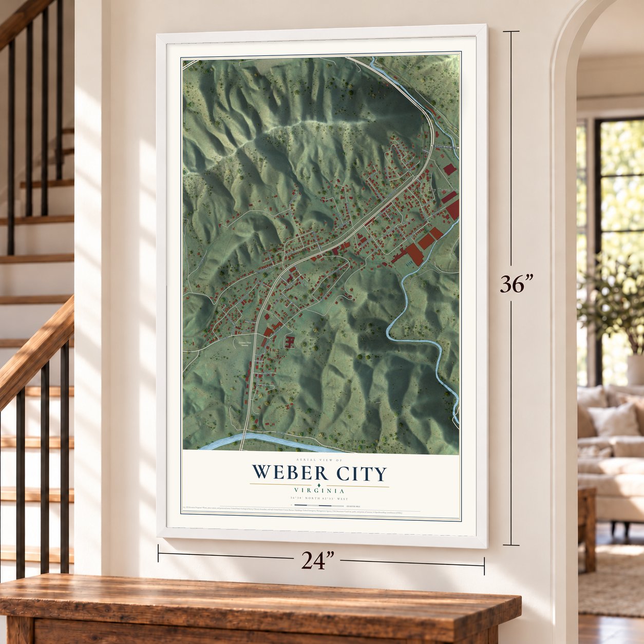 Weber City, Virginia map, 24 x 36 inch print in a white frame by a staircase
