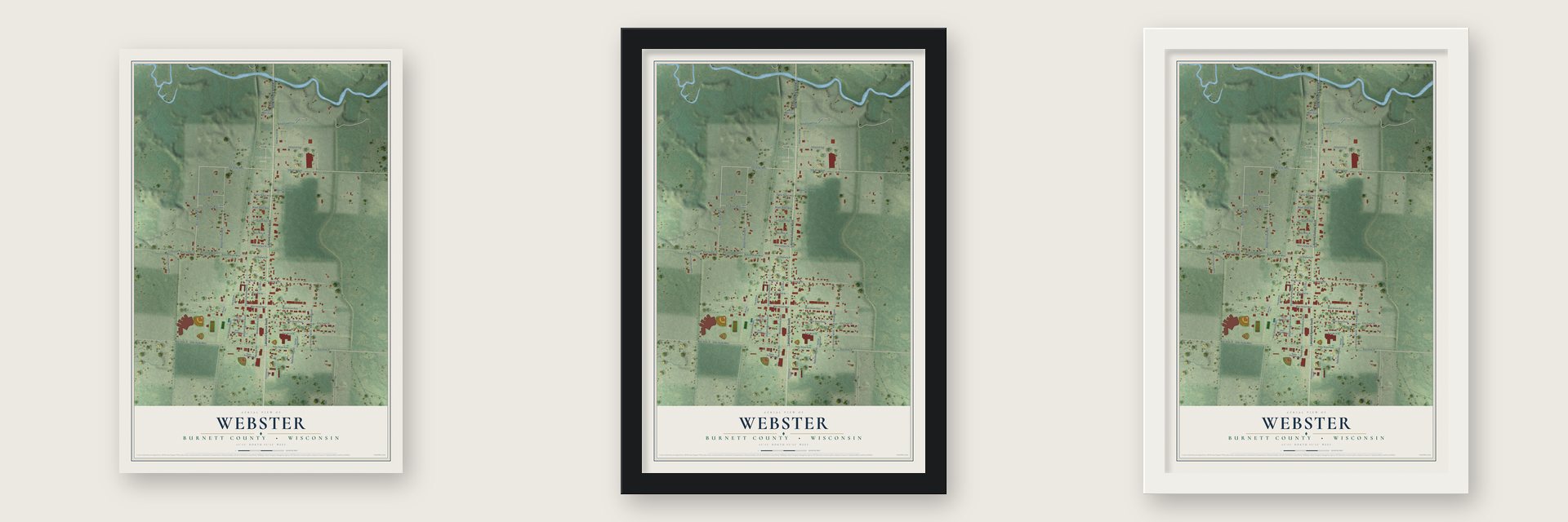 Webster, Burnett County, Wisconsin map unframed, in a black wood frame and in a white wood frame