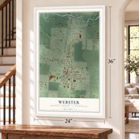 Webster, Burnett County, Wisconsin map, 24 x 36 inch print in a white frame by a staircase