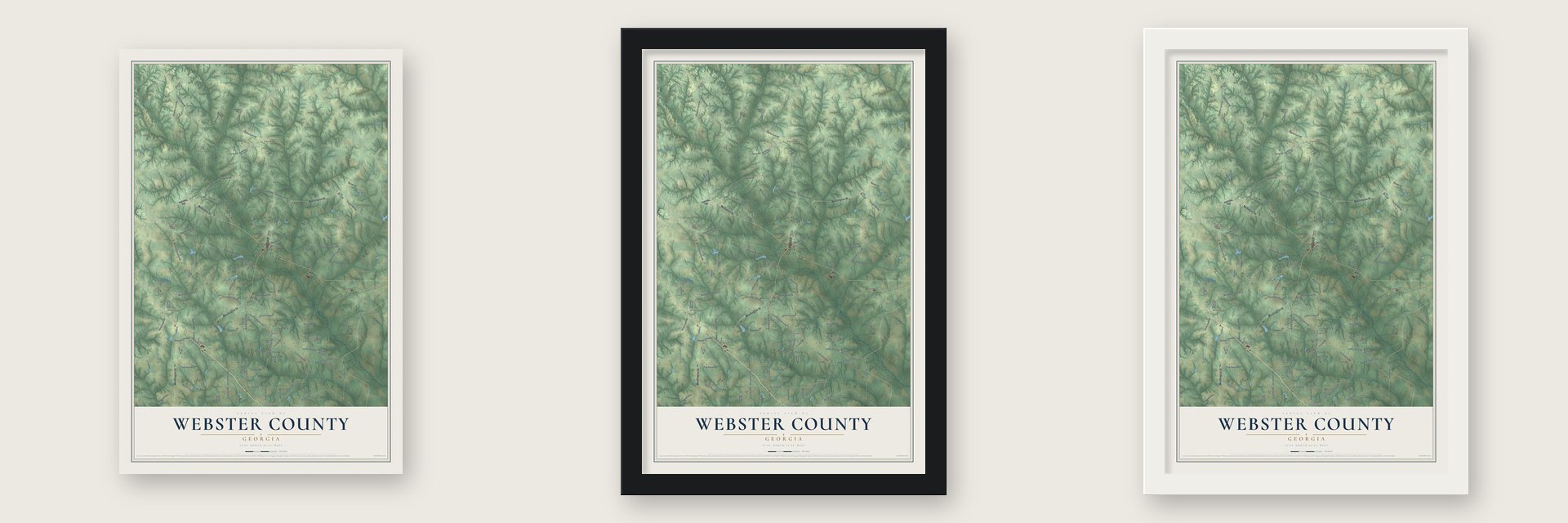 Webster County, Georgia map unframed, in a black wood frame and in a white wood frame