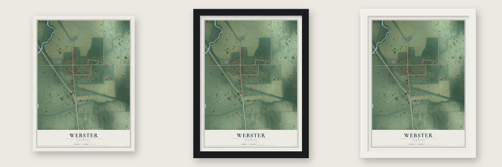 Webster, Indiana map unframed, in a black wood frame and in a white wood frame