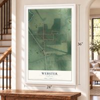 Webster, Indiana map, 24 x 36 inch print in a white frame by a staircase