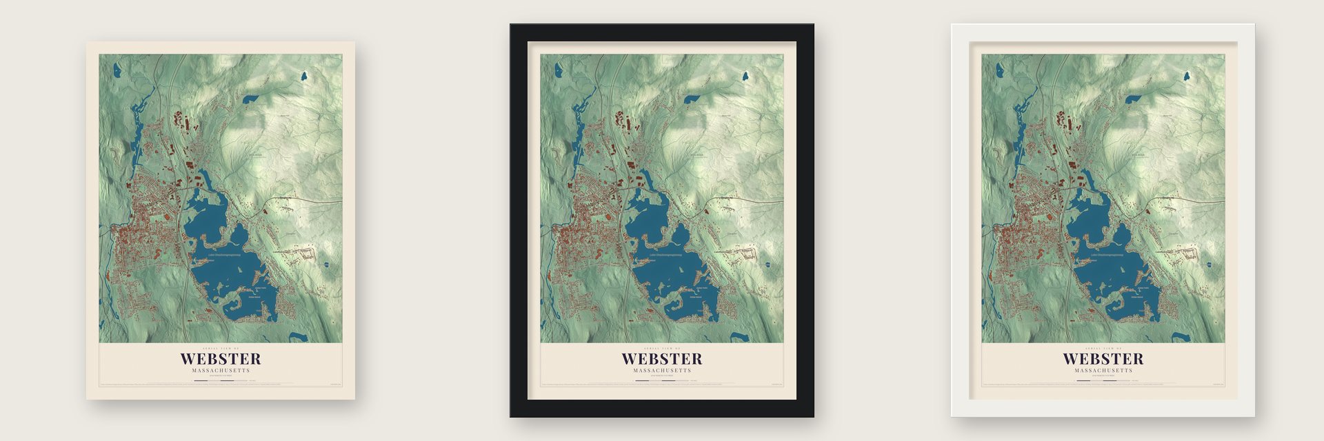 Webster, Massachusetts map unframed, in a black wood frame and in a white wood frame