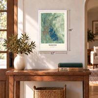 Webster, Massachusetts map, 12 x 18 inch print in a white frame in an entryway