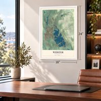 Webster, Massachusetts map, 18 x 24 inch print in a white frame in a home office
