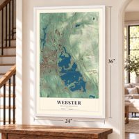 Webster, Massachusetts map, 24 x 36 inch print in a white frame by a staircase