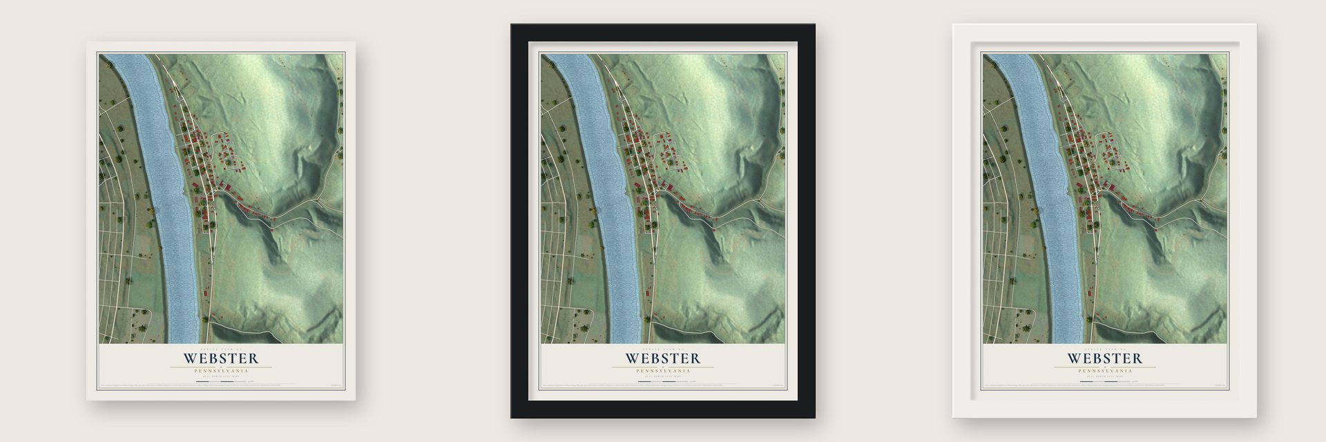 Webster, Pennsylvania map unframed, in a black wood frame and in a white wood frame