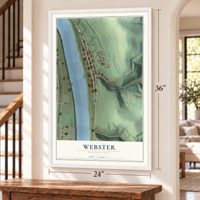 Webster, Pennsylvania map, 24 x 36 inch print in a white frame by a staircase