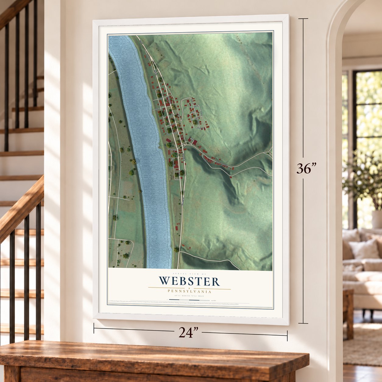 Webster, Pennsylvania map, 24 x 36 inch print in a white frame by a staircase
