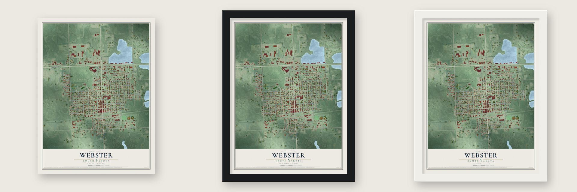 Webster, South Dakota map unframed, in a black wood frame and in a white wood frame