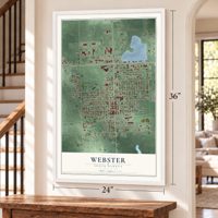 Webster, South Dakota map, 24 x 36 inch print in a white frame by a staircase