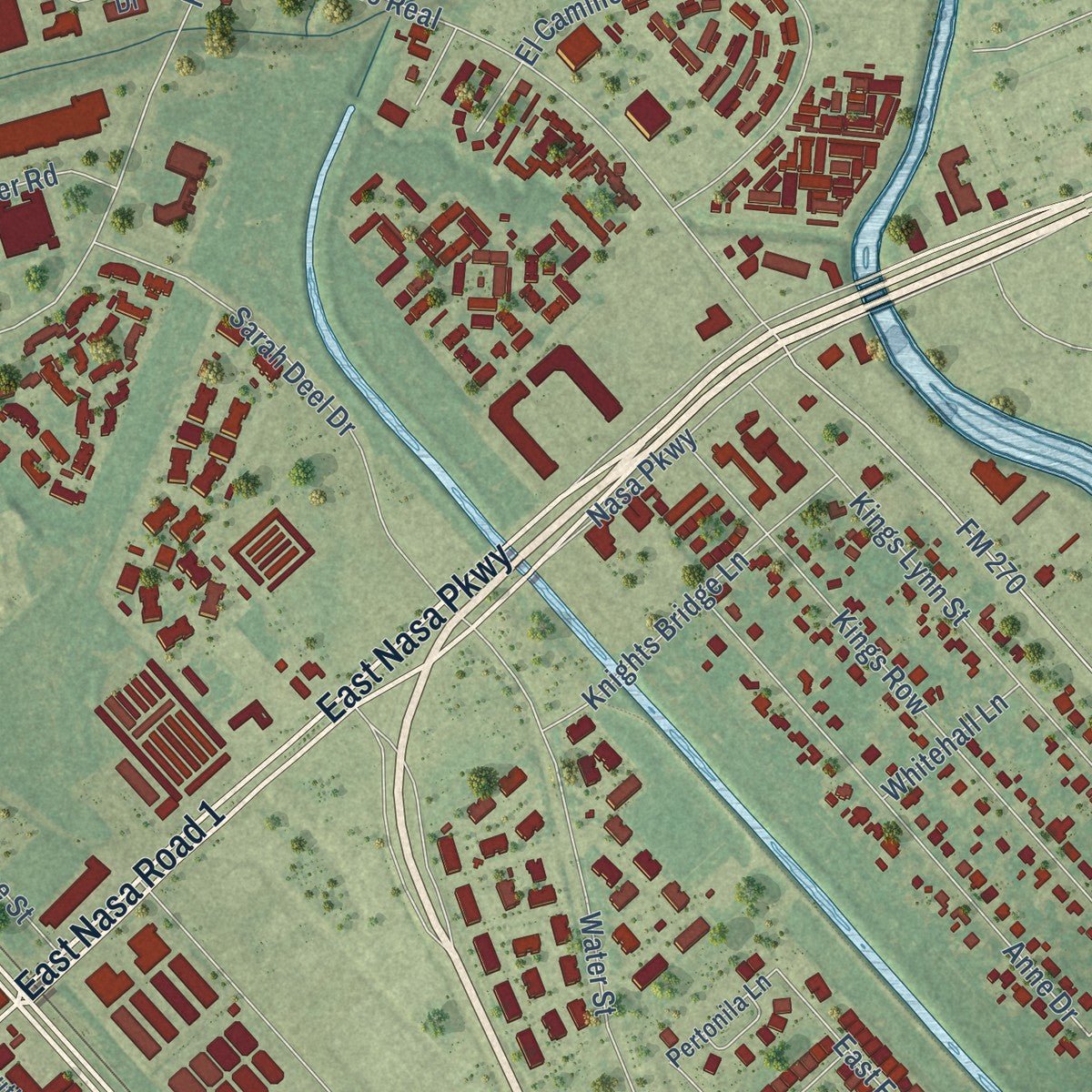 Second close-up of the map of Webster, Texas print showing more streets and buildings
