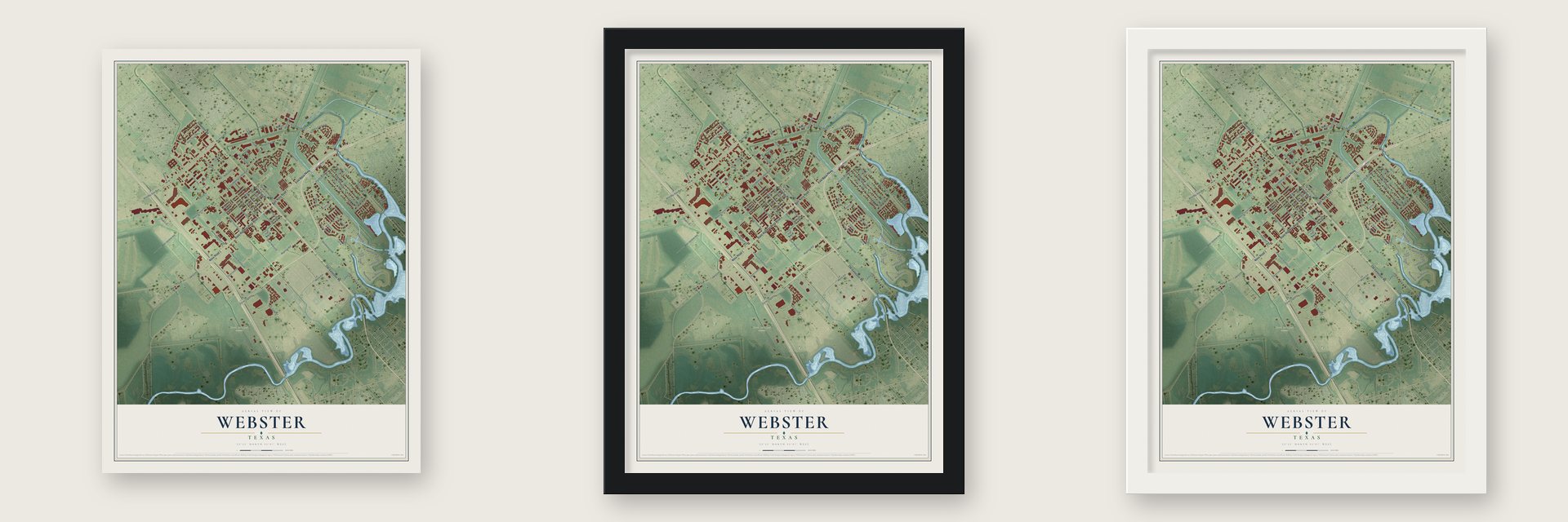 Webster, Texas map unframed, in a black wood frame and in a white wood frame