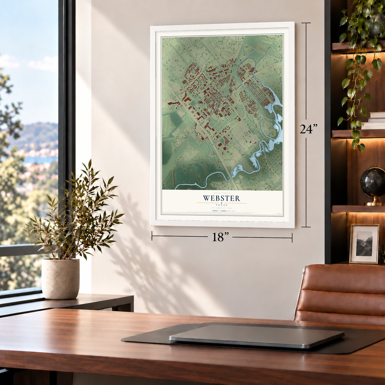 Webster, Texas map, 18 x 24 inch print in a white frame in a home office