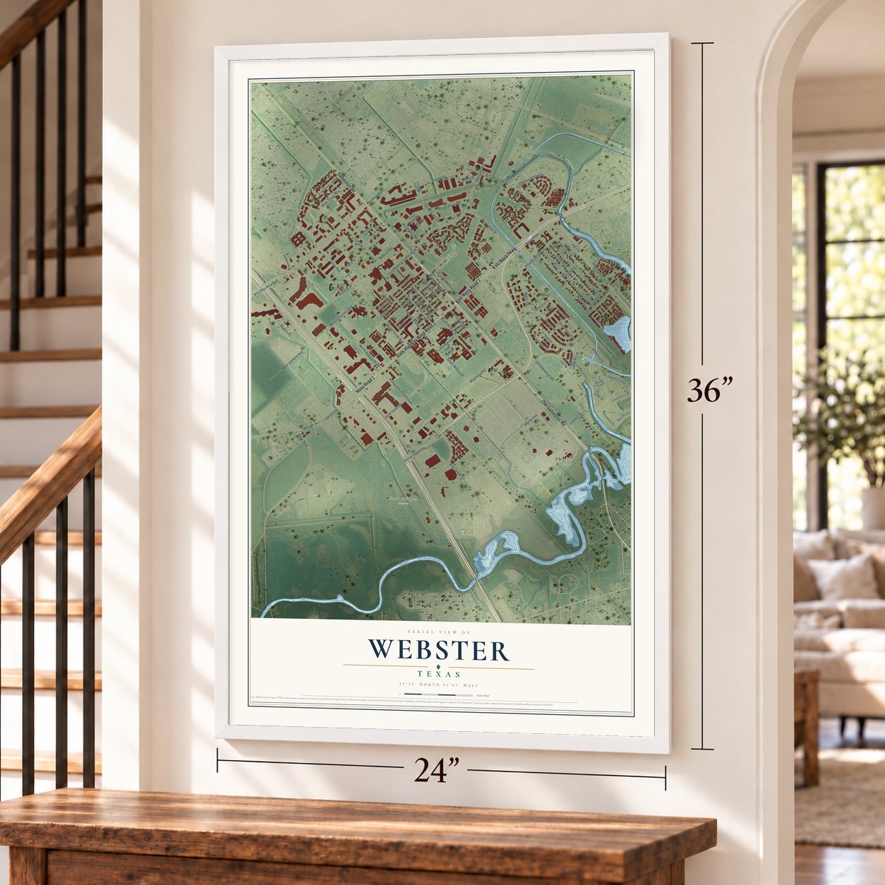 Webster, Texas map, 24 x 36 inch print in a white frame by a staircase