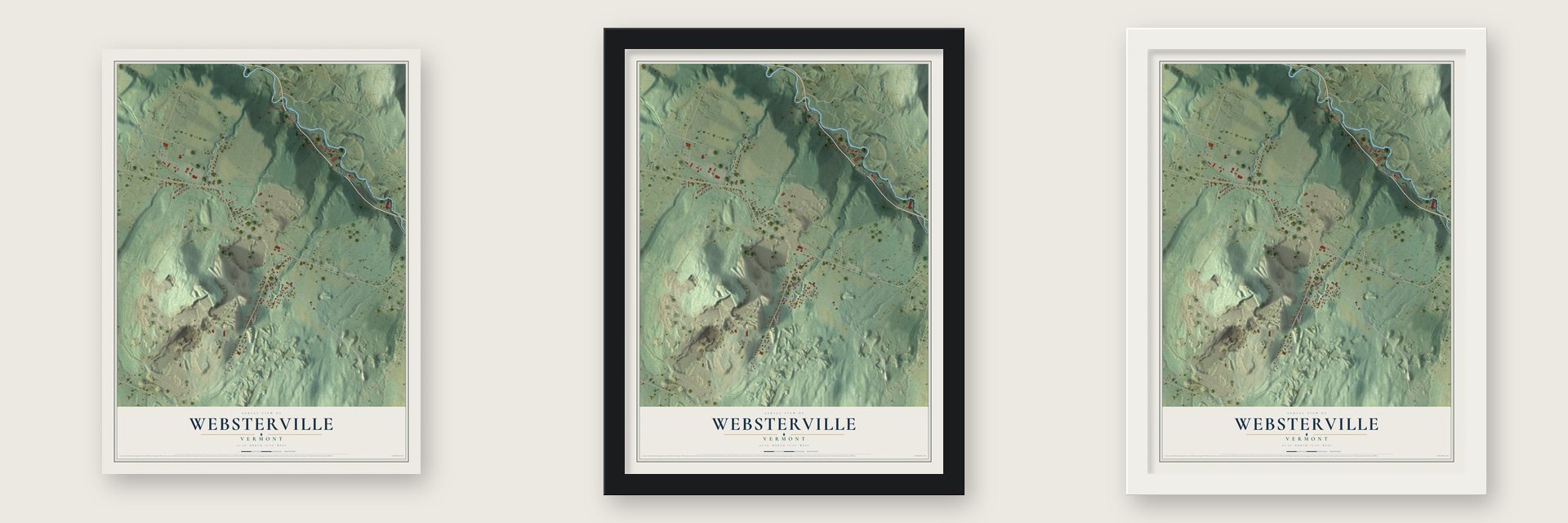 Websterville, Vermont map unframed, in a black wood frame and in a white wood frame