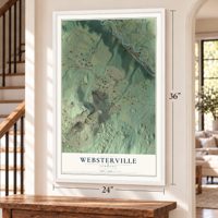 Websterville, Vermont map, 24 x 36 inch print in a white frame by a staircase