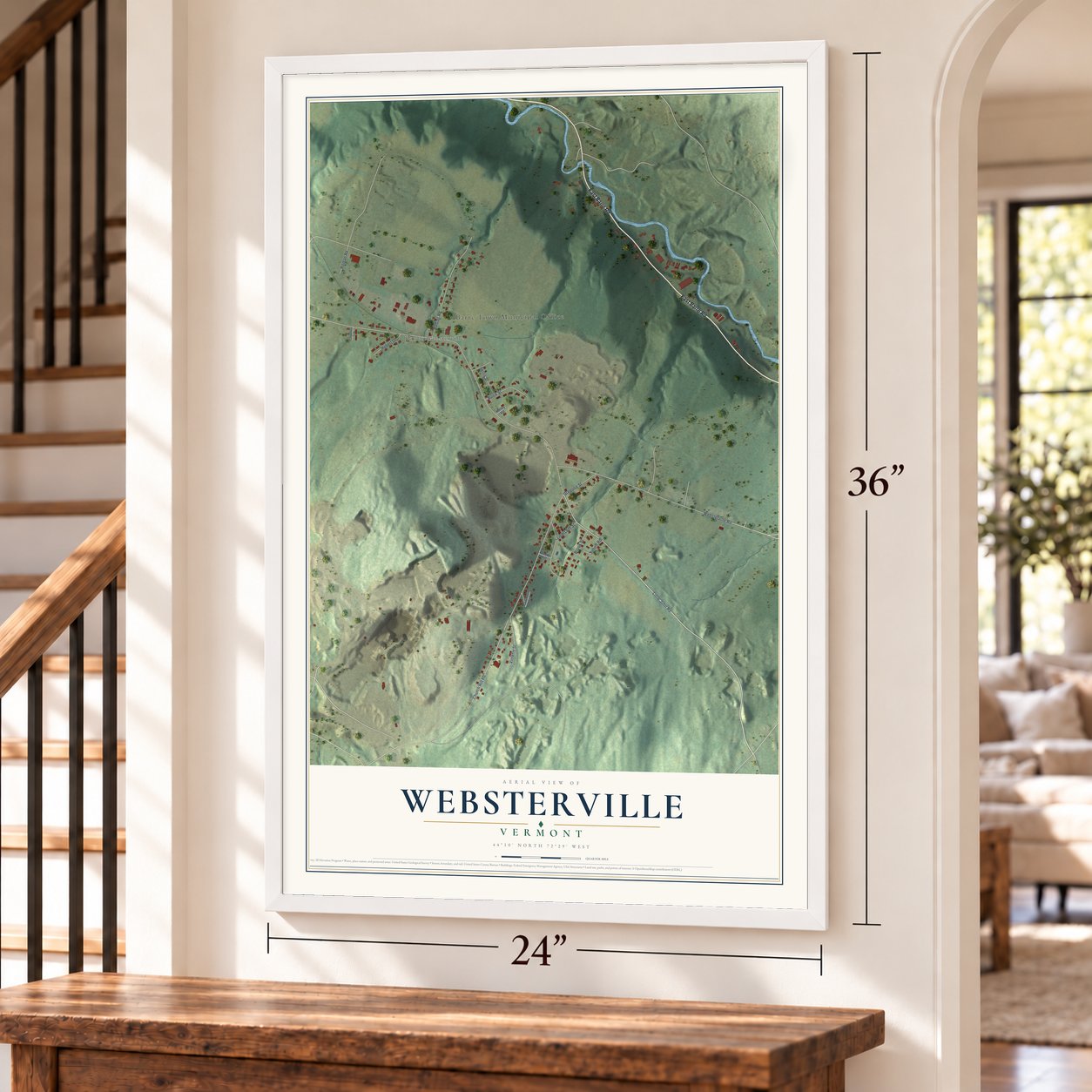 Websterville, Vermont map, 24 x 36 inch print in a white frame by a staircase