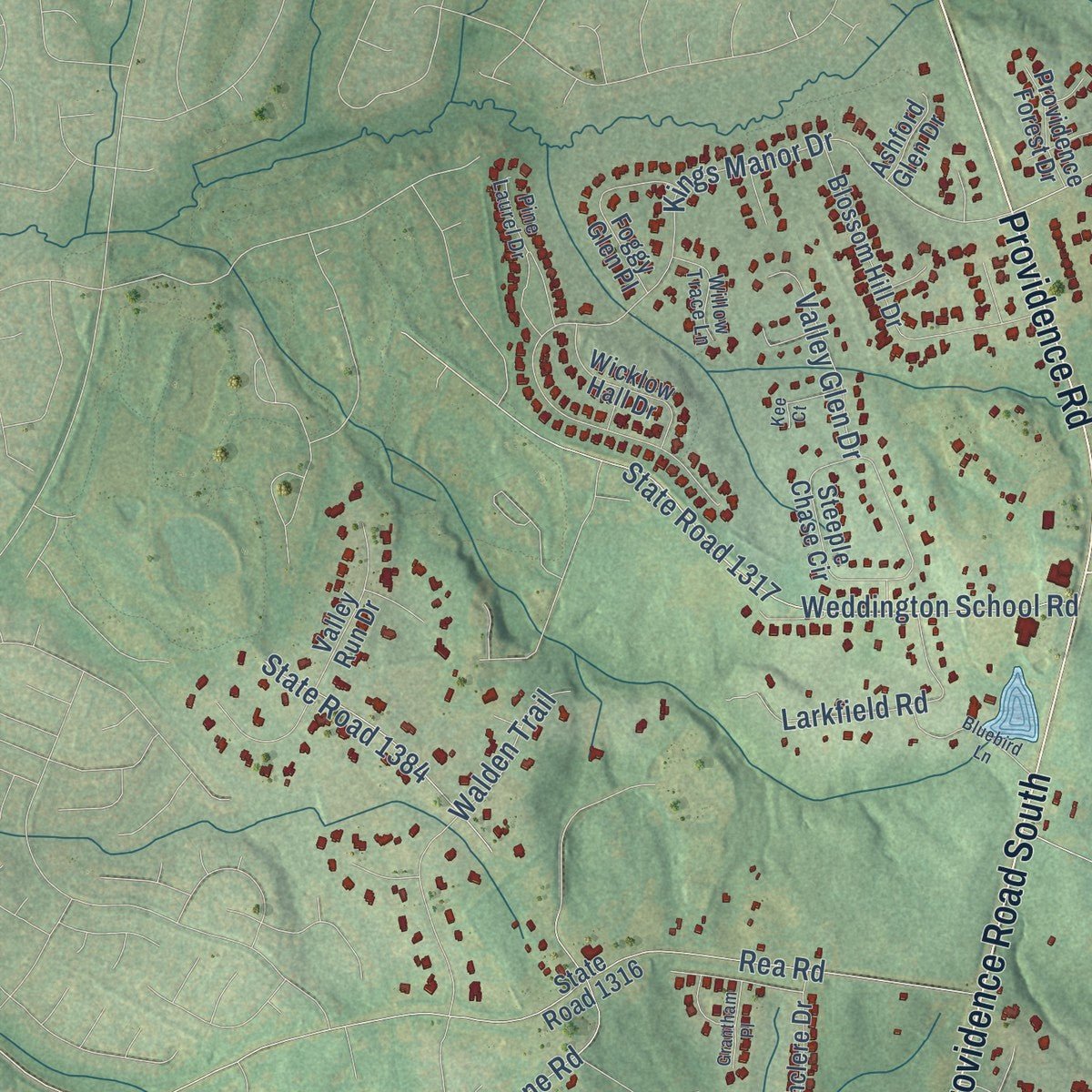 Second close-up of the map of Weddington, North Carolina print showing more streets and buildings