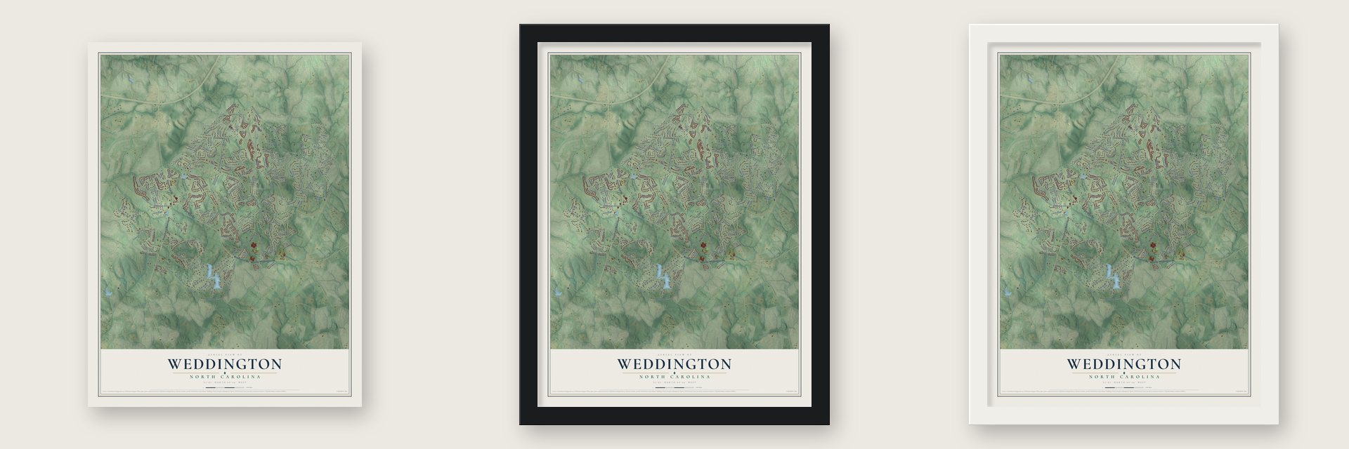 Weddington, North Carolina map unframed, in a black wood frame and in a white wood frame
