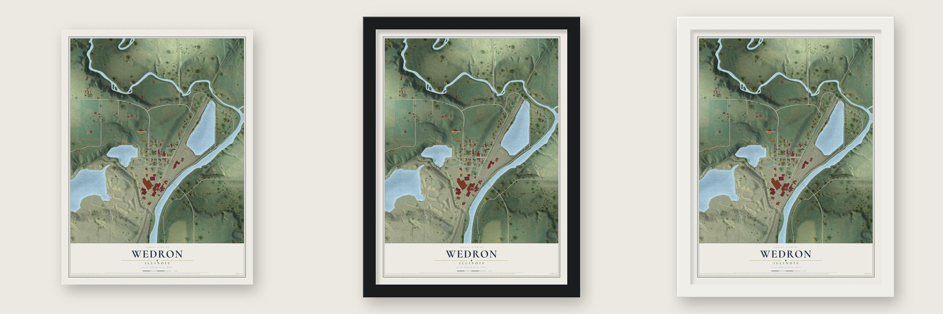 Wedron, Illinois map unframed, in a black wood frame and in a white wood frame