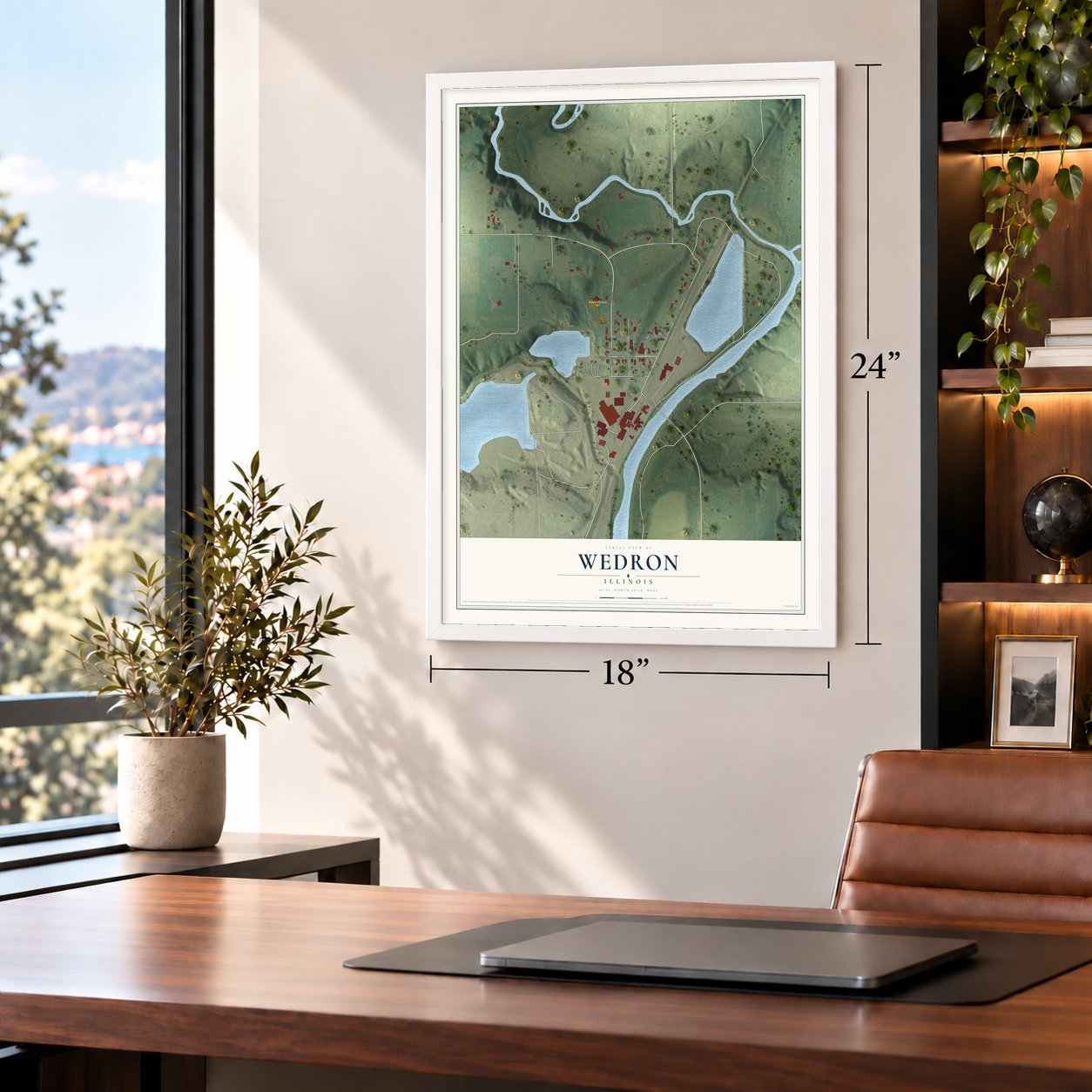 Wedron, Illinois map, 18 x 24 inch print in a white frame in a home office