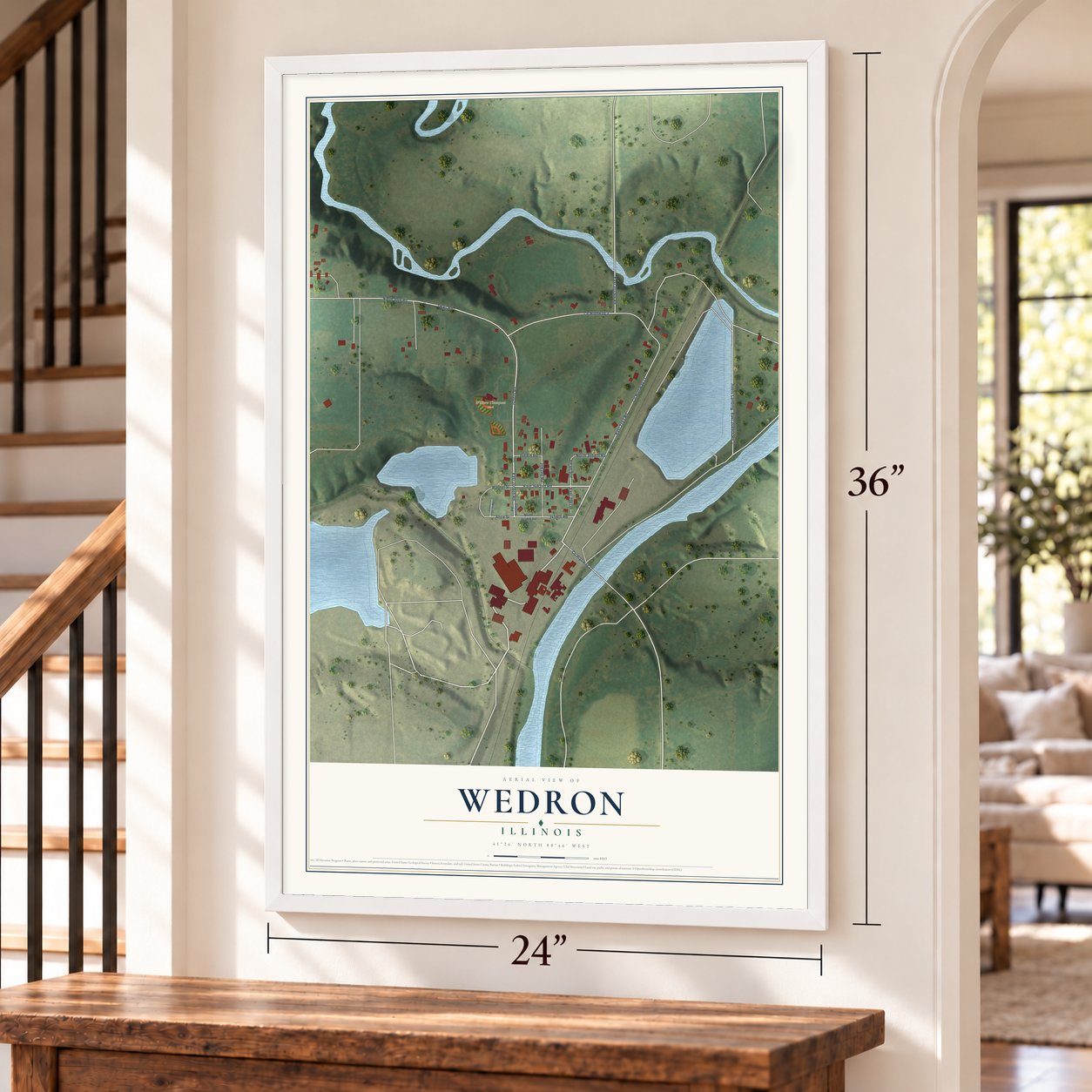 Wedron, Illinois map, 24 x 36 inch print in a white frame by a staircase